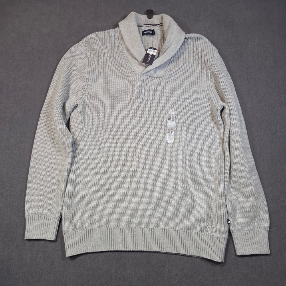 Nautica Shawl Collar Sweater Mens XL Grey Heather Ribbed Knit Pullover S63329